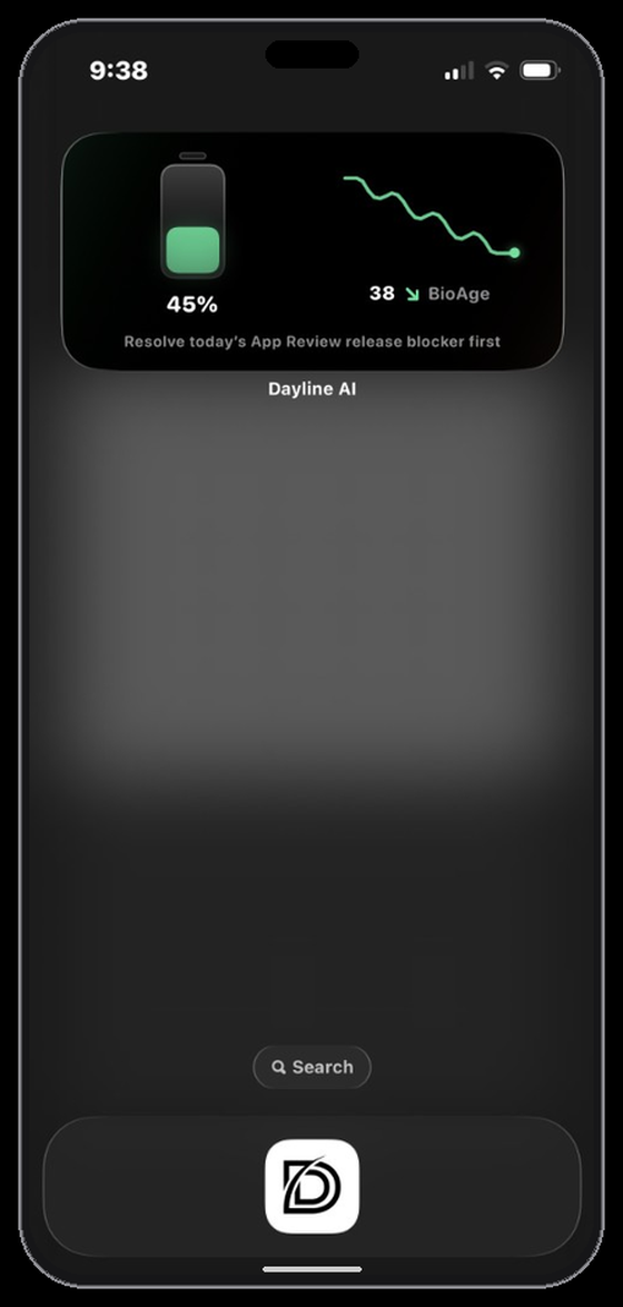 Dayline AI Home Screen widget showing Battery, Bio Age, and today’s action